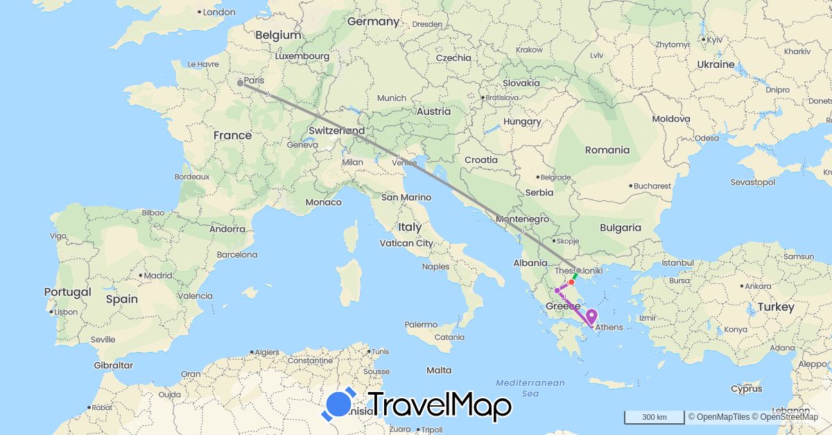 TravelMap itinerary: driving, bus, plane, train, hiking in France, Greece (Europe)