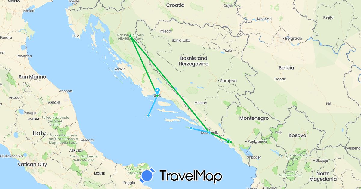 TravelMap itinerary: driving, bus, boat in Croatia, Montenegro (Europe)