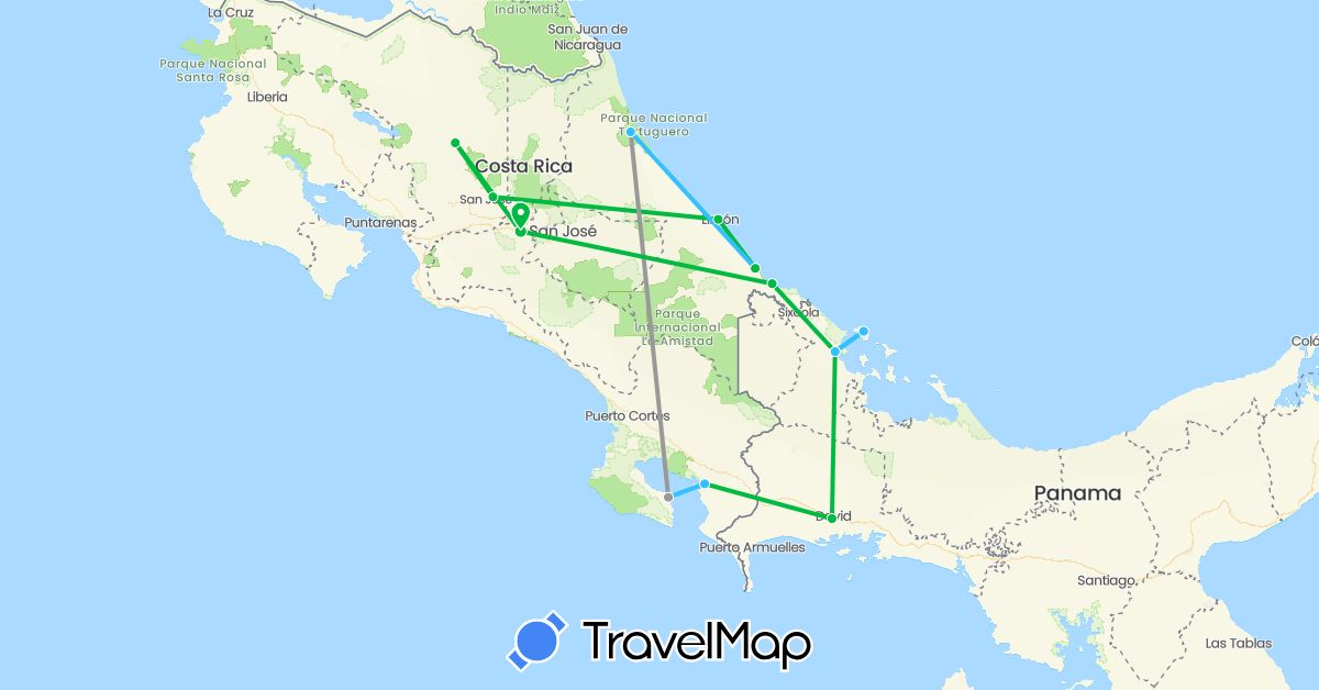 TravelMap itinerary: driving, bus, plane, boat in Costa Rica, Panama (North America)
