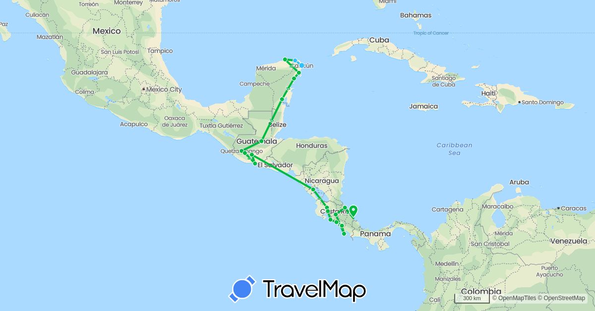 TravelMap itinerary: driving, bus, boat in Costa Rica, Guatemala, Mexico, Nicaragua (North America)