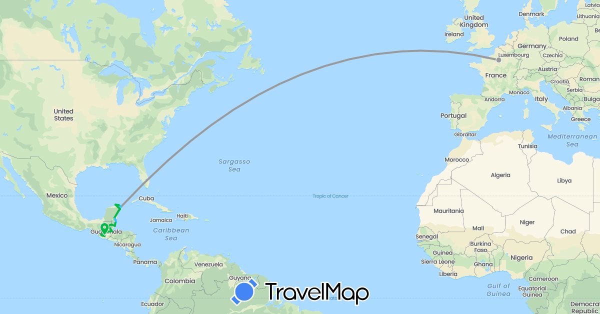 TravelMap itinerary: driving, bus, plane, boat in Belize, France, Guatemala, Mexico (Europe, North America)